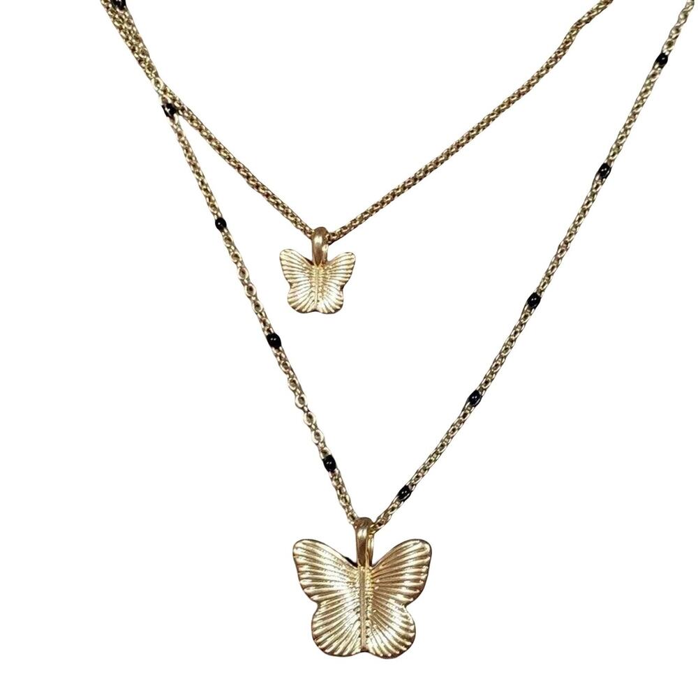 Lucky Brand Gold Tone Layered Butterfly Necklace Black Beaded Accent NWT